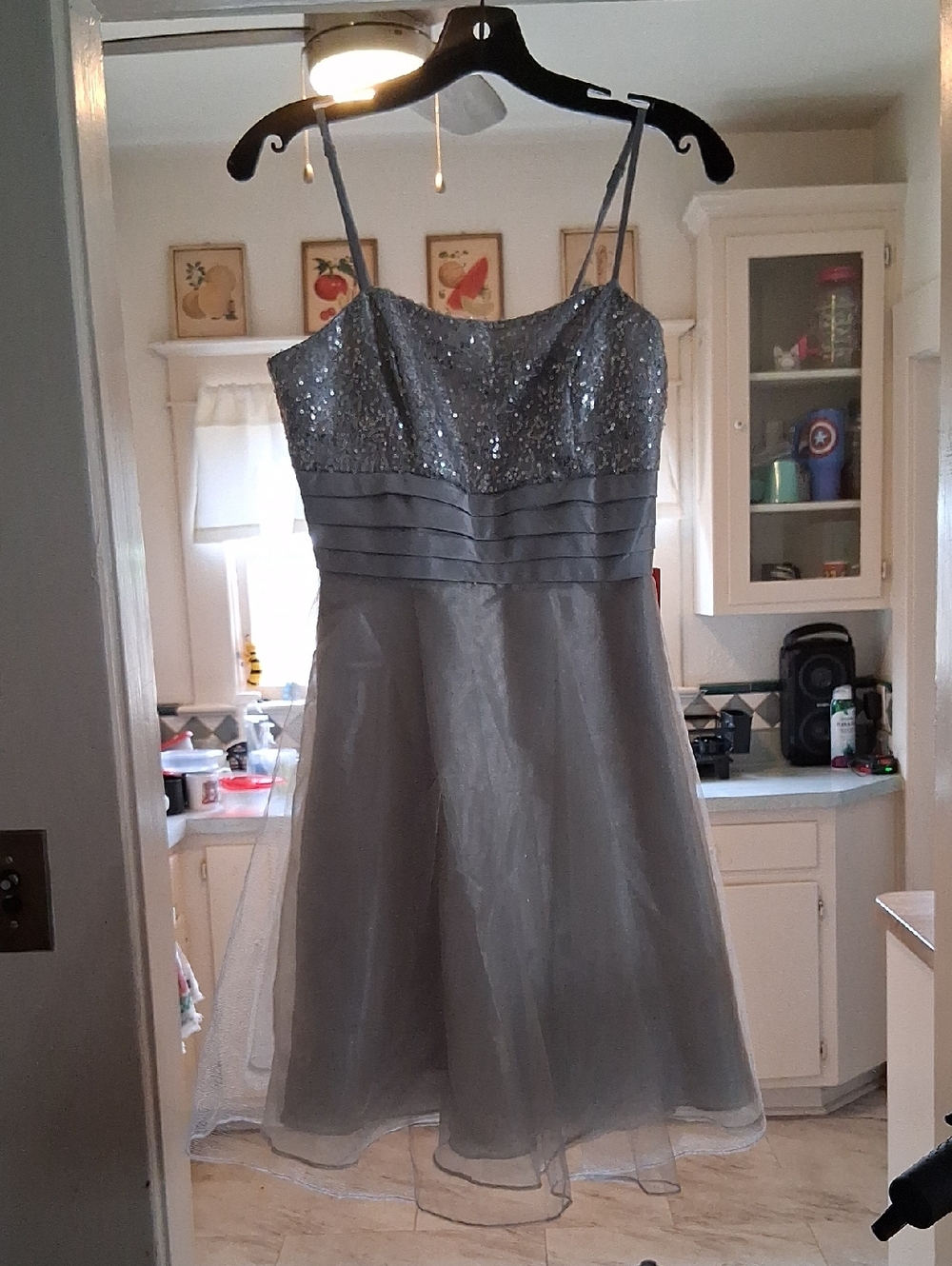 Dancing Queen Red Tag with Pale Blue-Grey Dress Detail